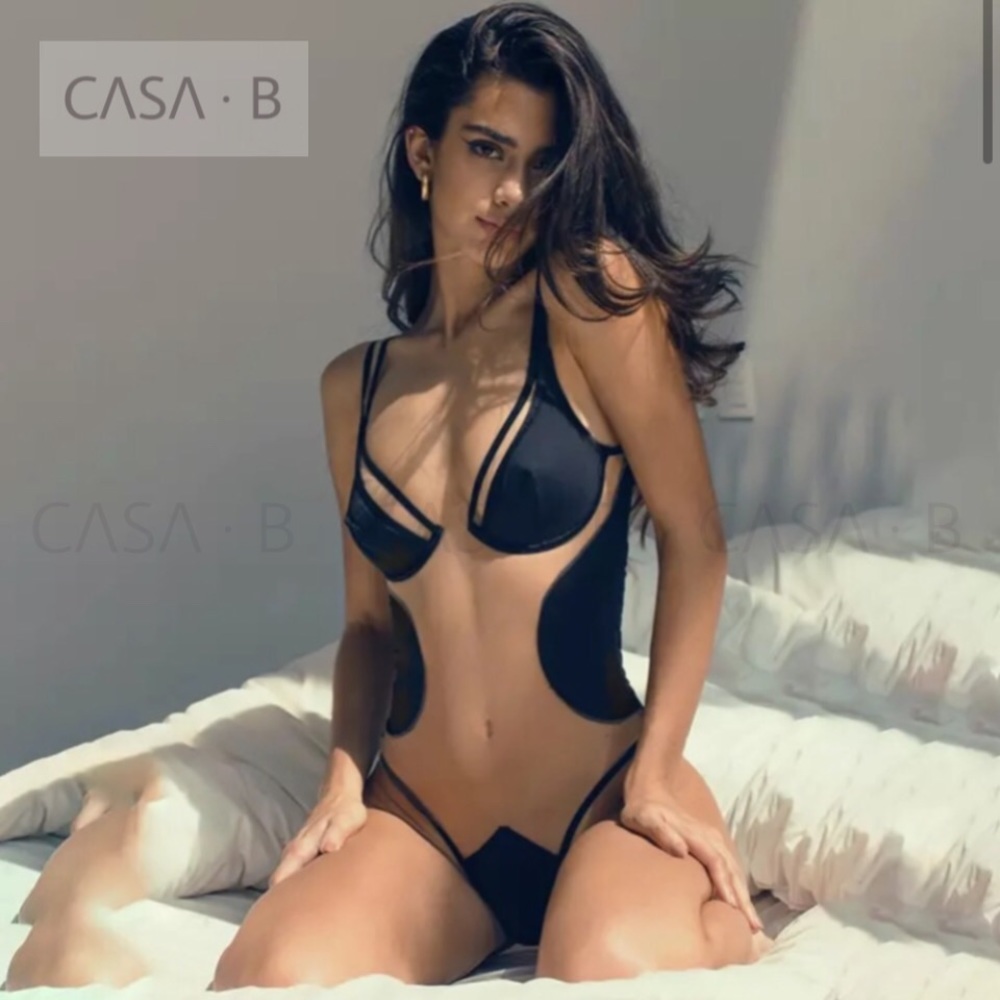 5⭐️CASA B| Delilah Sexy Sheer Mesh Nude & Black Cut- Out Patchwork Bodysuit - Picture 3 of 11